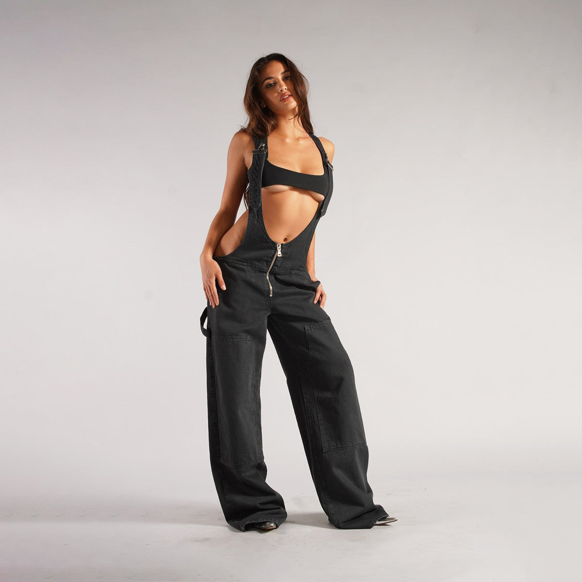 Women's Zip Denim Overalls with Pockets (photo 8)
