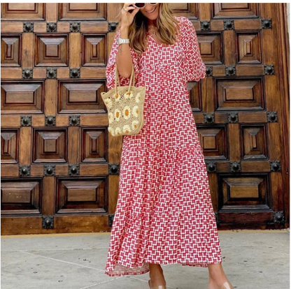 Women's Boho Print V-Neck Short-Sleeve Long Dress (photo 4)