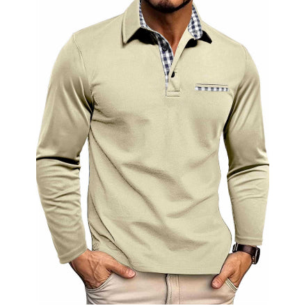 Men's Plaid-Panel Lapel Long-Sleeve Polo Shirt (photo 8)