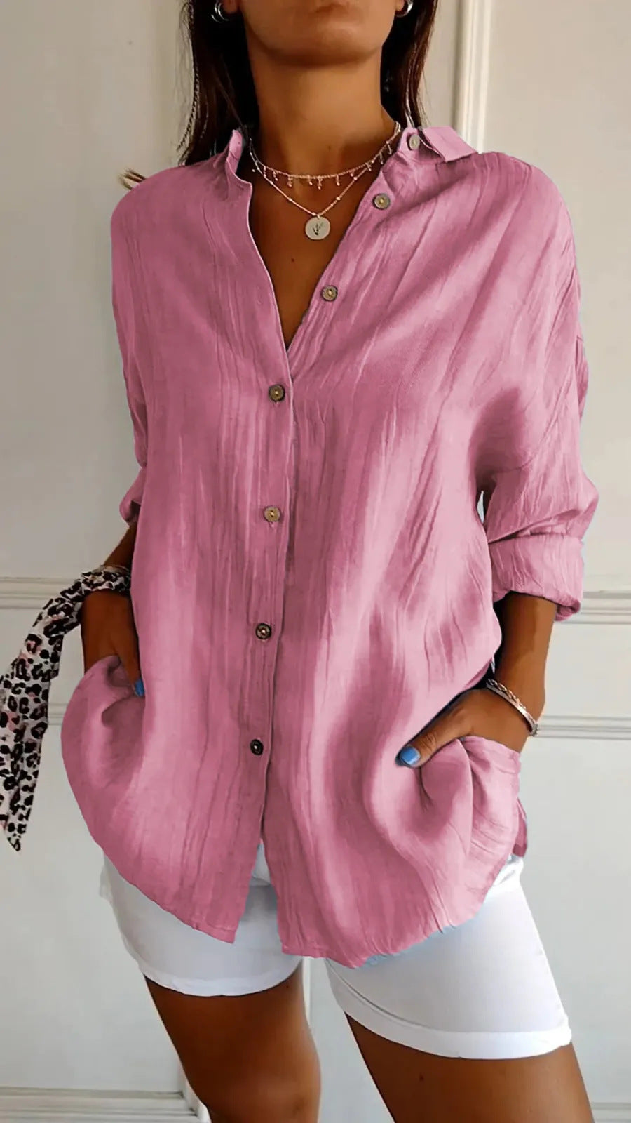 Women's Lapel Long-Sleeve Pleated Button-Front Shirt (photo 16)