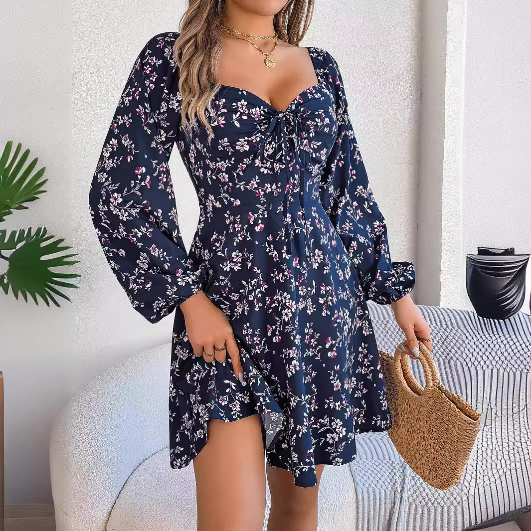 Women's Floral Chiffon Square-Neck Lantern-Sleeve Mini Dress (photo 3)