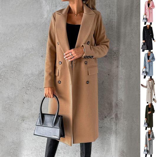 Women's Double-Breasted Lapel Slim Long Coat