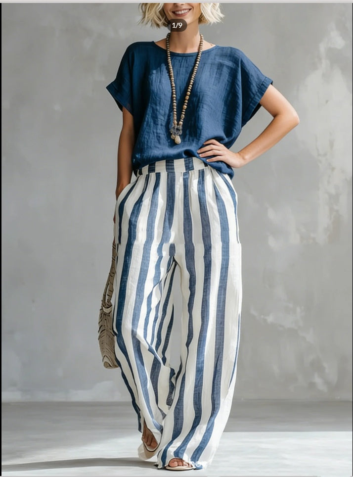 Women's Short-Sleeve T-Shirt and Striped Wide Pants Set (photo 4)