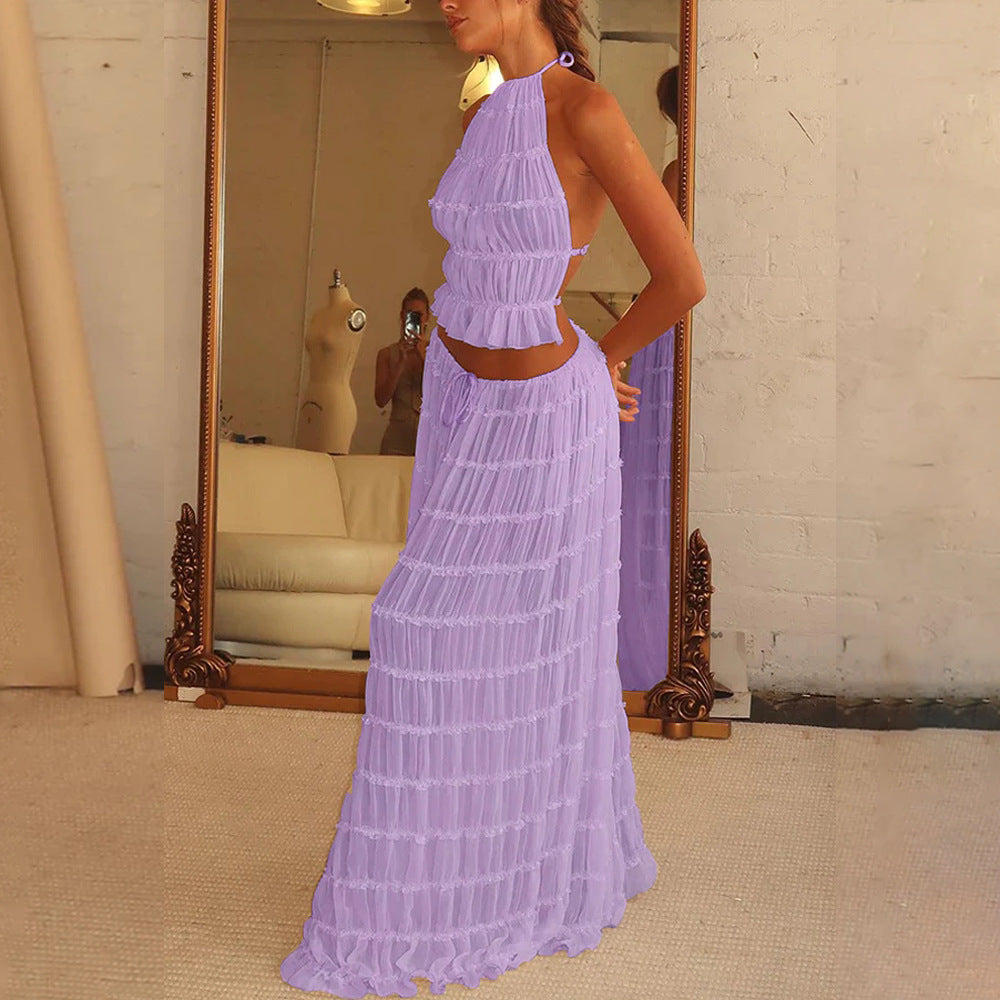 Women's Halter Crop Top and Pleated Maxi Skirt Set (photo 10)