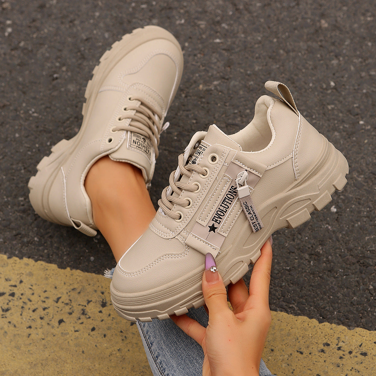 Women's Chunky Sole Lace-Up Sneakers with Side Zipper (photo 6)