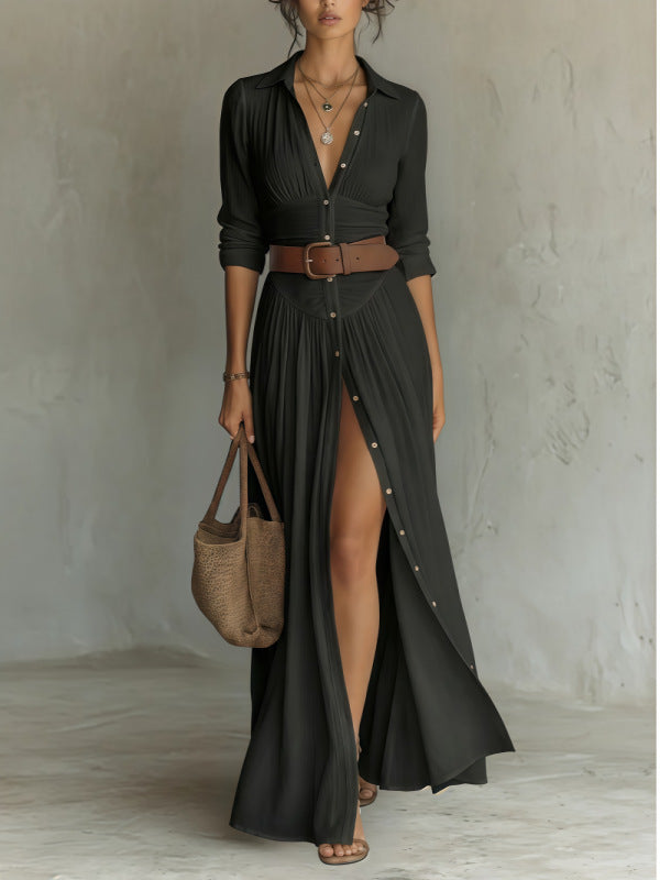 Women's V-Neck Maxi Shirt Dress with Side Slit (photo 7)