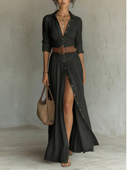 Women's V-Neck Maxi Shirt Dress with Side Slit (photo 7)