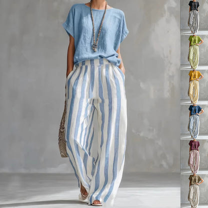 Women's Short-Sleeve T-Shirt and Striped Wide Pants Set
