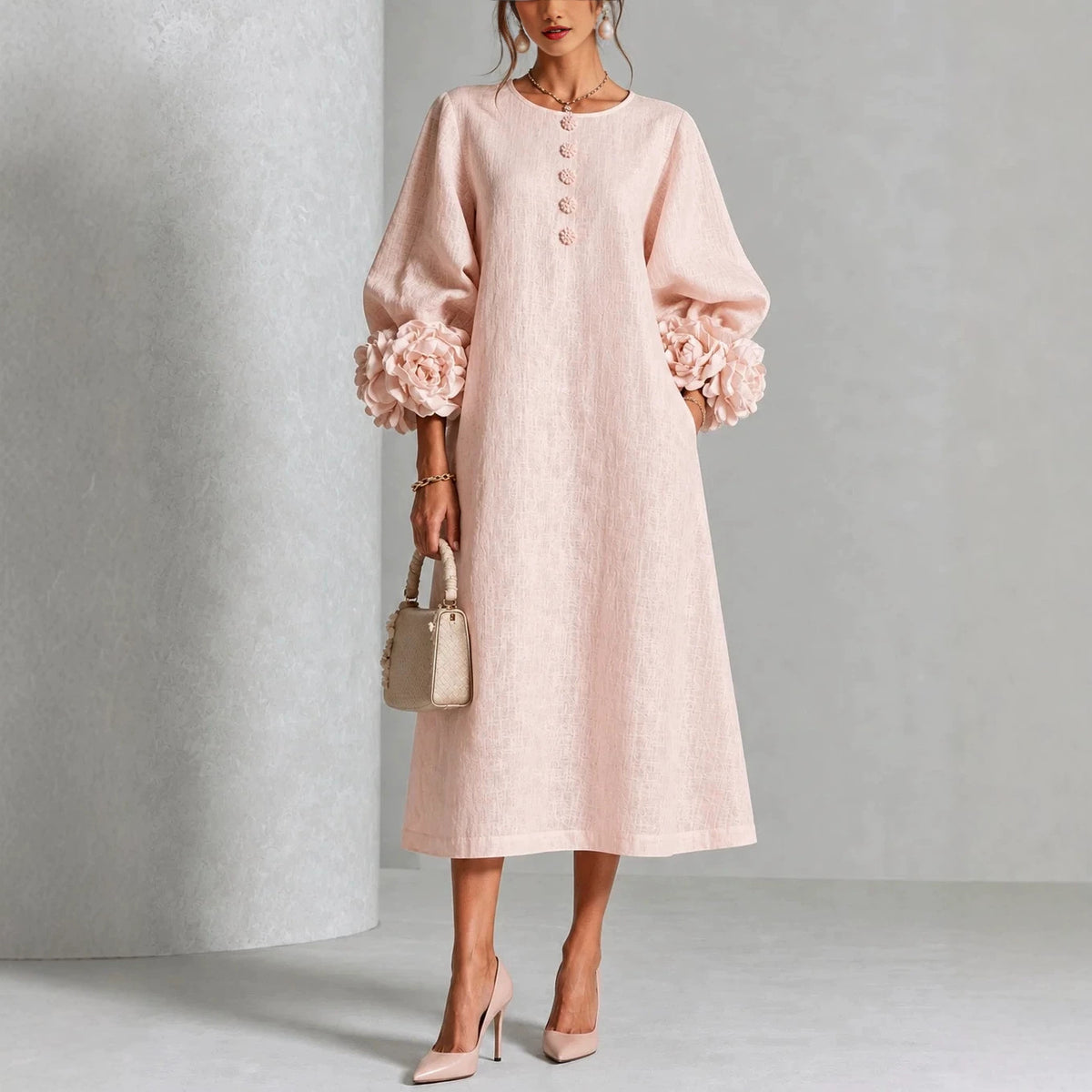 Women's A-Line Midi Dress with 3D Floral Details and Puff Sleeves (photo 5)