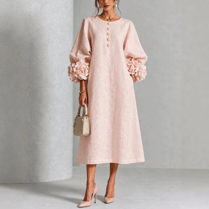 Women's A-Line Midi Dress with 3D Floral Details and Puff Sleeves (photo 5)