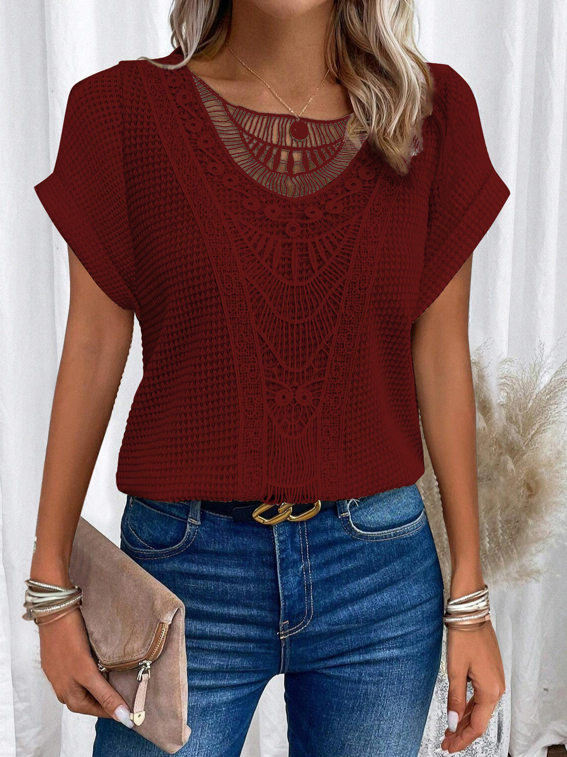 Women's Cut-Out Short-Sleeve Ethnic Style T-Shirt (photo 4)