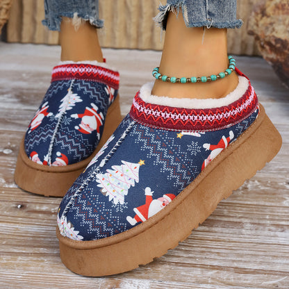 Women's Christmas Print Plush-Lined Slip-On Ankle Boots