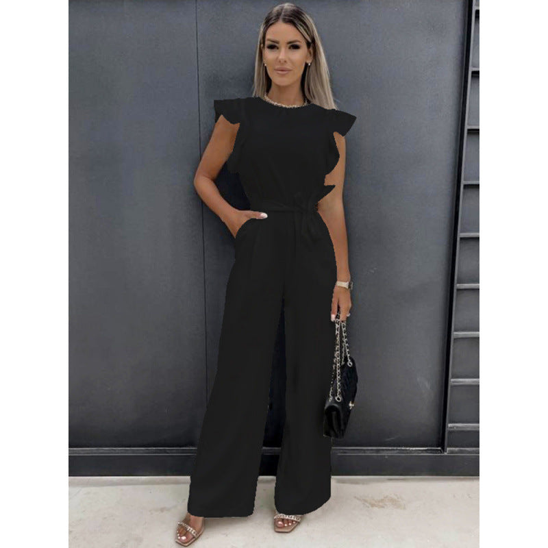 Women's Sleeveless Ruffled Jumpsuit with Belt and Pockets (photo 7)