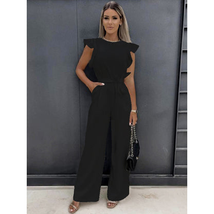 Women's Sleeveless Ruffled Jumpsuit with Belt and Pockets (photo 7)