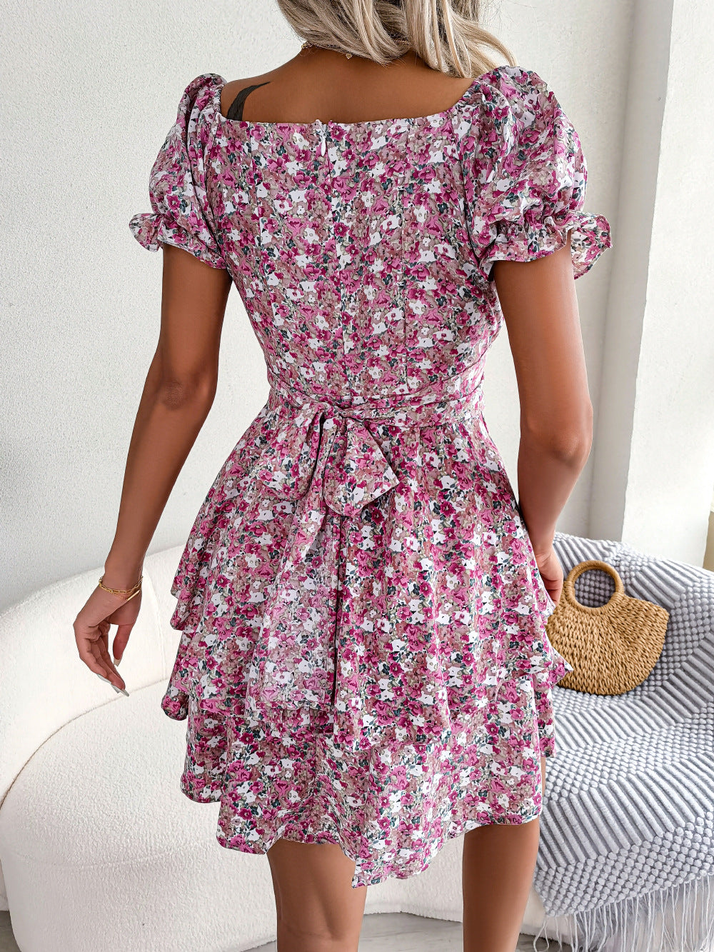 Women's Floral Short-Sleeve Ruffle Mini Dress (photo 8)