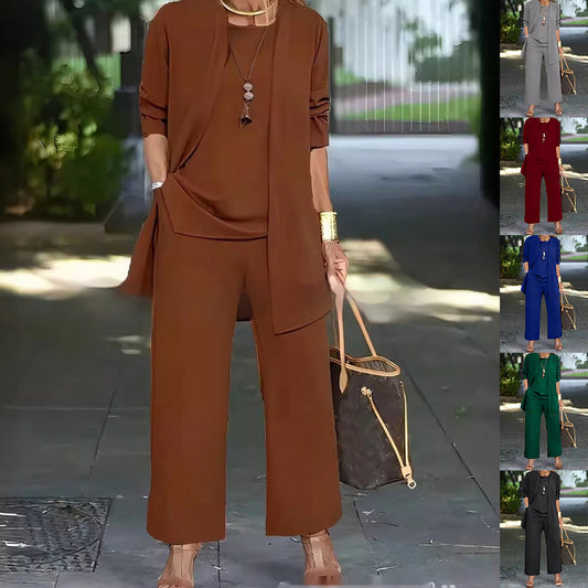 Women's 3-Piece Set: Vest, Long Cardigan and Wide-Leg Pants