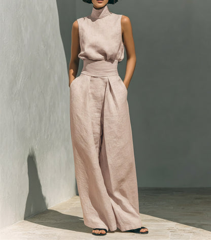 Women's Sleeveless Stand-Collar Top and Wide Pants Set (photo 8)