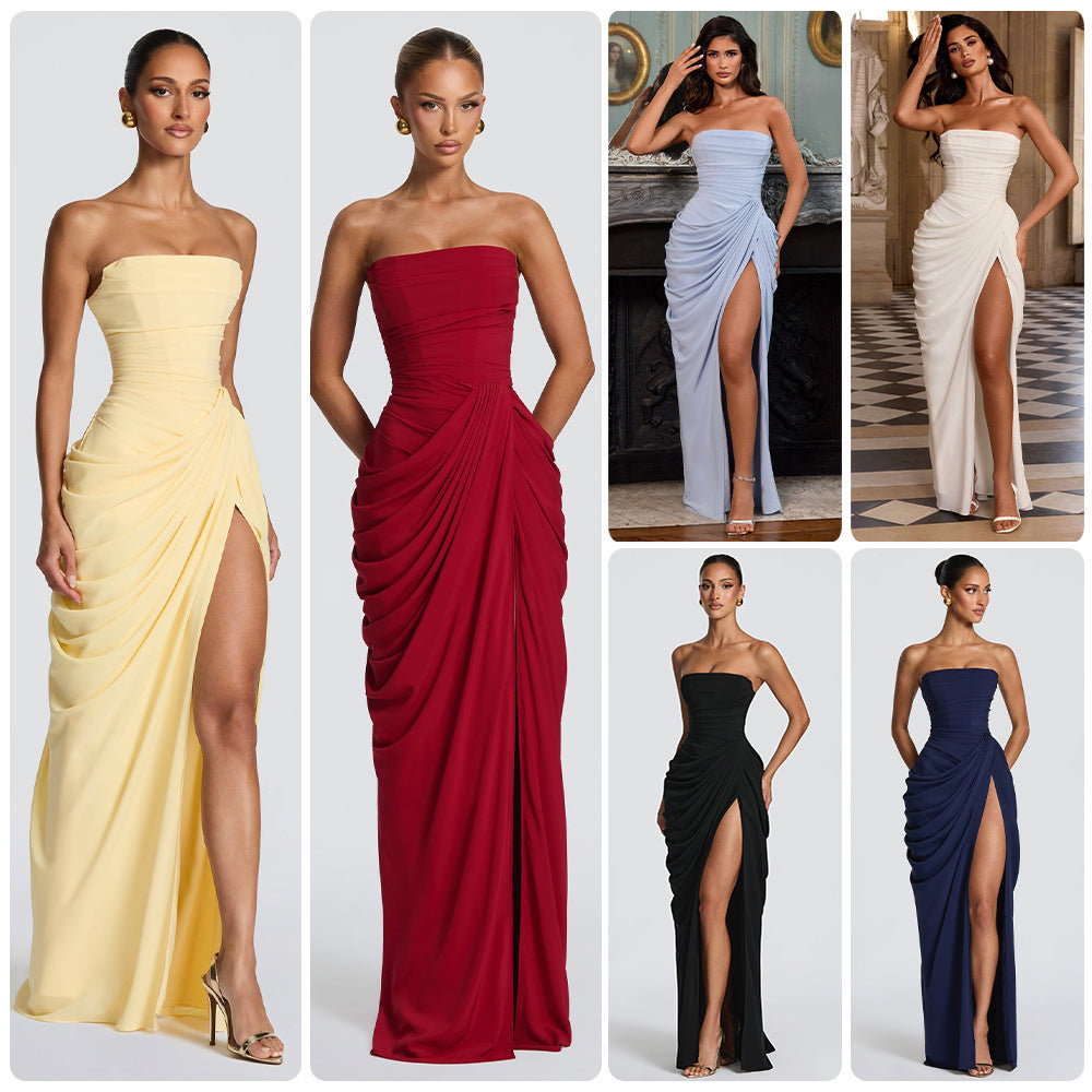 Women's Strapless Pleated Maxi Dress with Slit