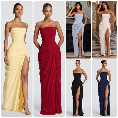 Women's Strapless Pleated Maxi Dress with Slit