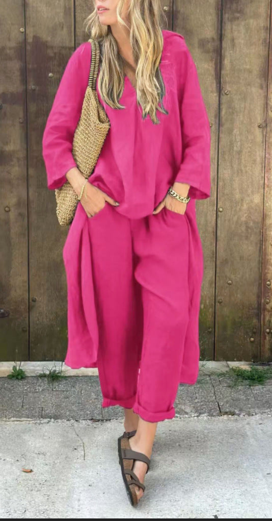 Women's Long V-Neck Top and Wide-Leg Pants Set (photo 10)