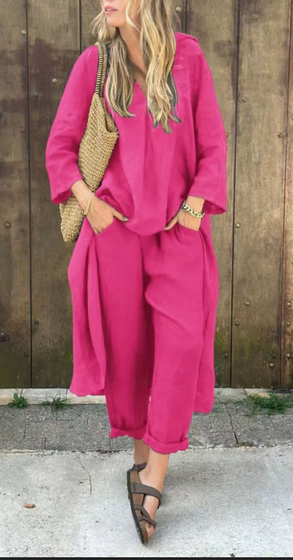 Women's Long V-Neck Top and Wide-Leg Pants Set (photo 10)