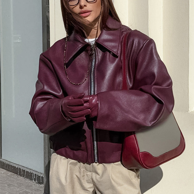 Women's Faux Leather Lapel Zip Jacket (photo 2)