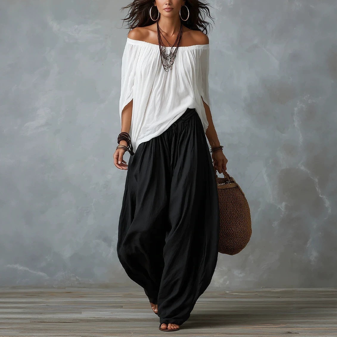 Women's Off-Shoulder Top and Flare Pants Set (photo 7)