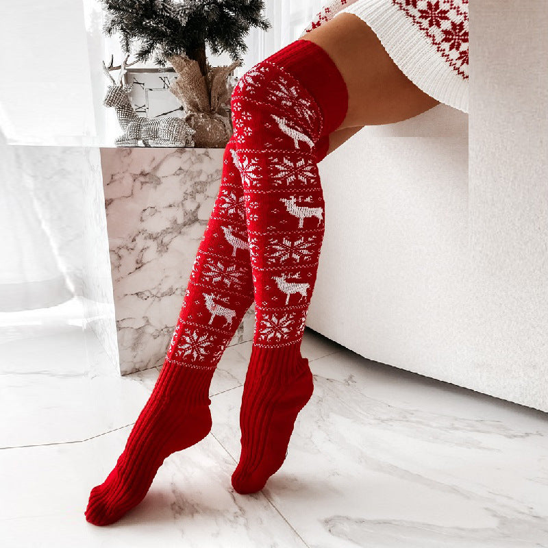 Women's Christmas Elk Snowflake Over-the-Knee Socks (photo 5)