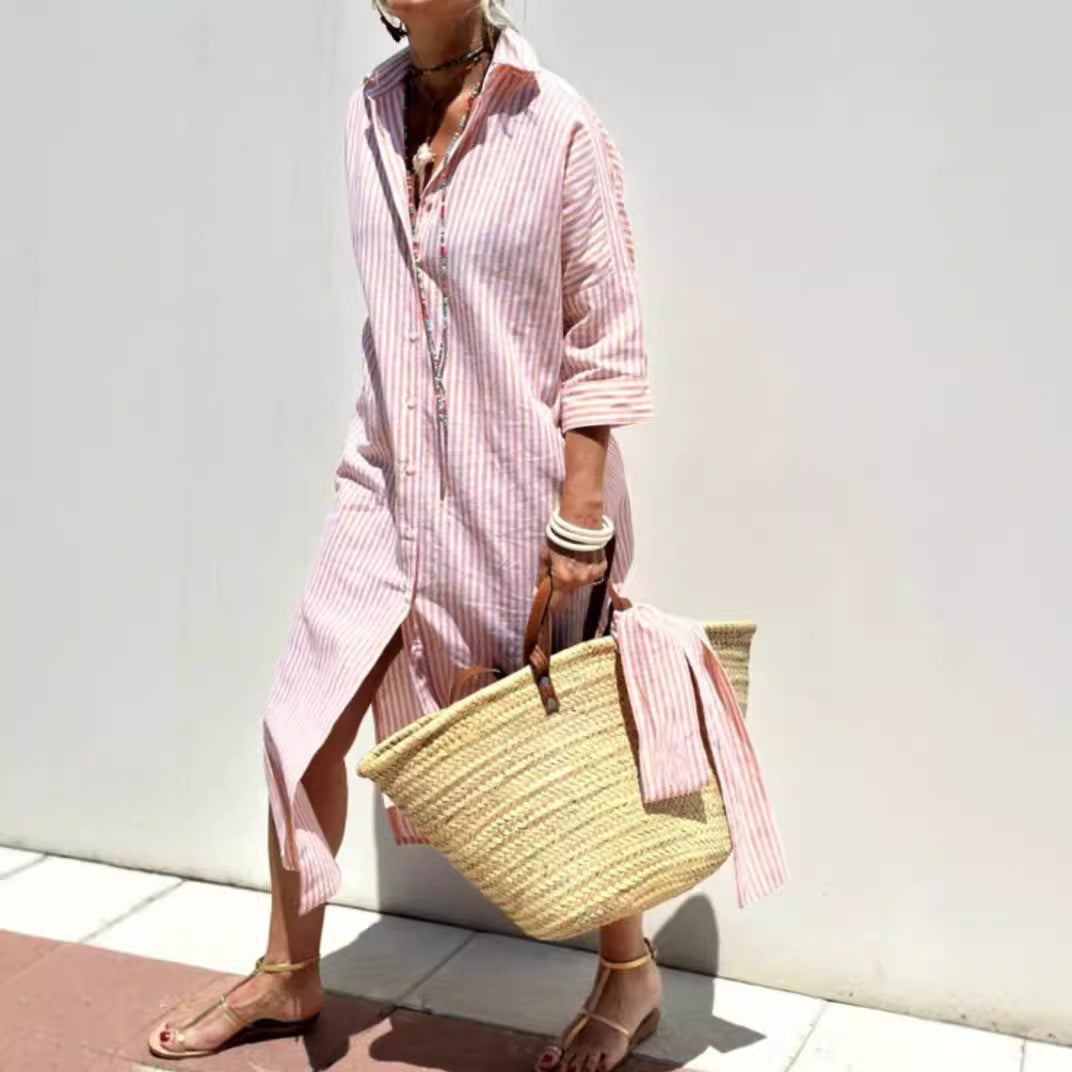 Women's Striped Half-Sleeve Shirt Dress with Belt (photo 2)