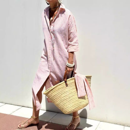 Women's Striped Half-Sleeve Shirt Dress with Belt (photo 2)