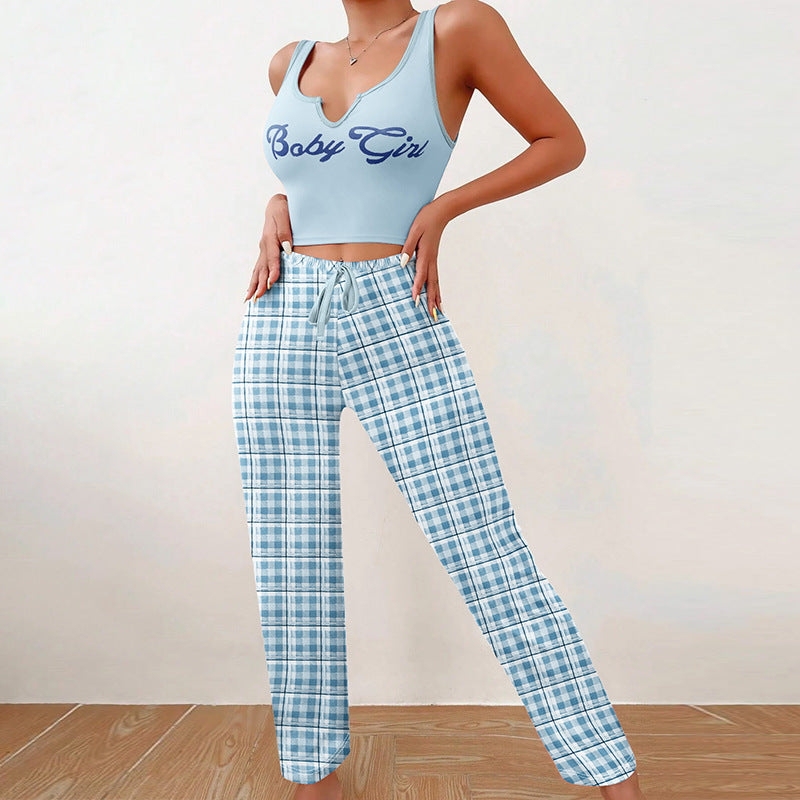 Women's Sleeveless Pajama Set with Plaid Pants (photo 5)