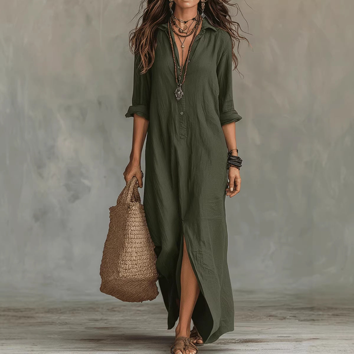 Women's Lapel-Collar Shirt Dress with Side Slit (photo 7)