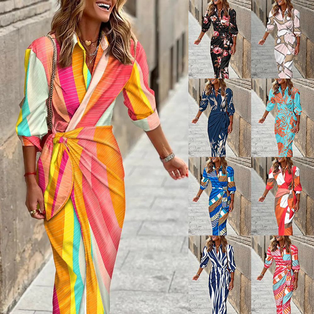 Women's Printed Lapel Shirt Dress with Belt