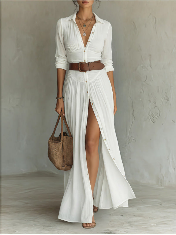 Women's V-Neck Maxi Shirt Dress with Side Slit (photo 6)