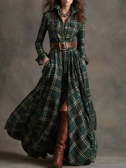 Women's Plaid Long-Sleeve Shirt Dress with Pockets (photo 13)