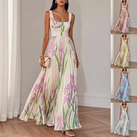 Women's Floral Pleated Sleeveless A-Line Midi Dress
