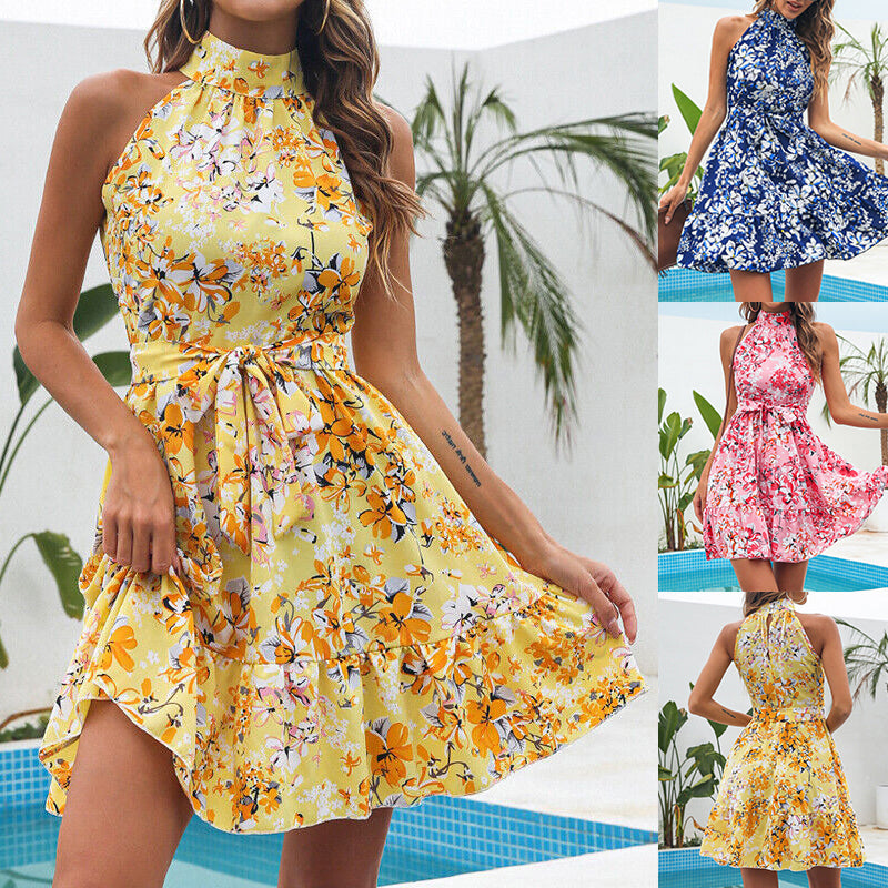 Women's Floral Halter Lace-Up Ruffle Dress
