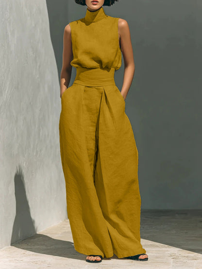 Women's Sleeveless Stand-Collar Top and Wide Pants Set (photo 14)
