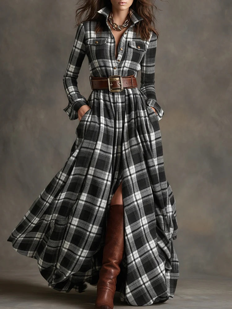 Women's Plaid Long-Sleeve Shirt Dress with Pockets (photo 11)