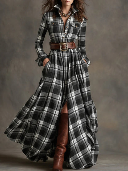 Women's Plaid Long-Sleeve Shirt Dress with Pockets (photo 11)