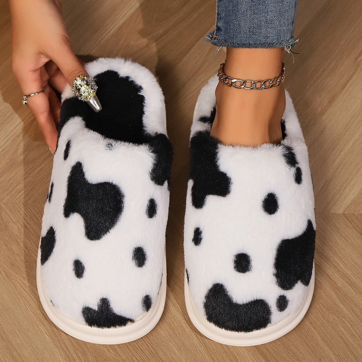 Cow Print Plush House Slippers (photo 7)