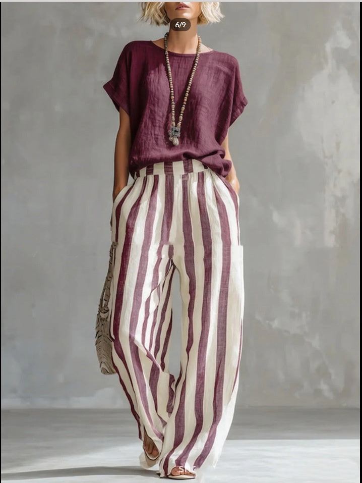 Women's Short-Sleeve T-Shirt and Striped Wide Pants Set (photo 6)