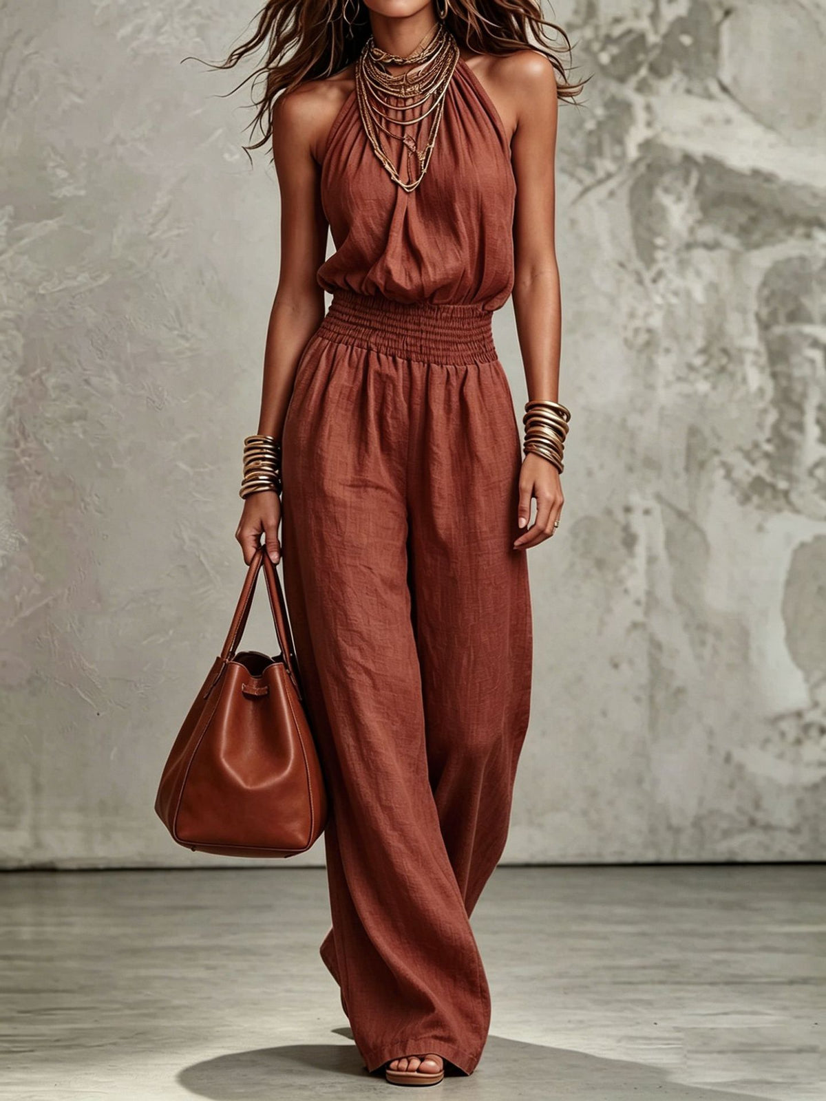 Women's Sleeveless Halter Backless Wide-Leg Jumpsuit (photo 10)