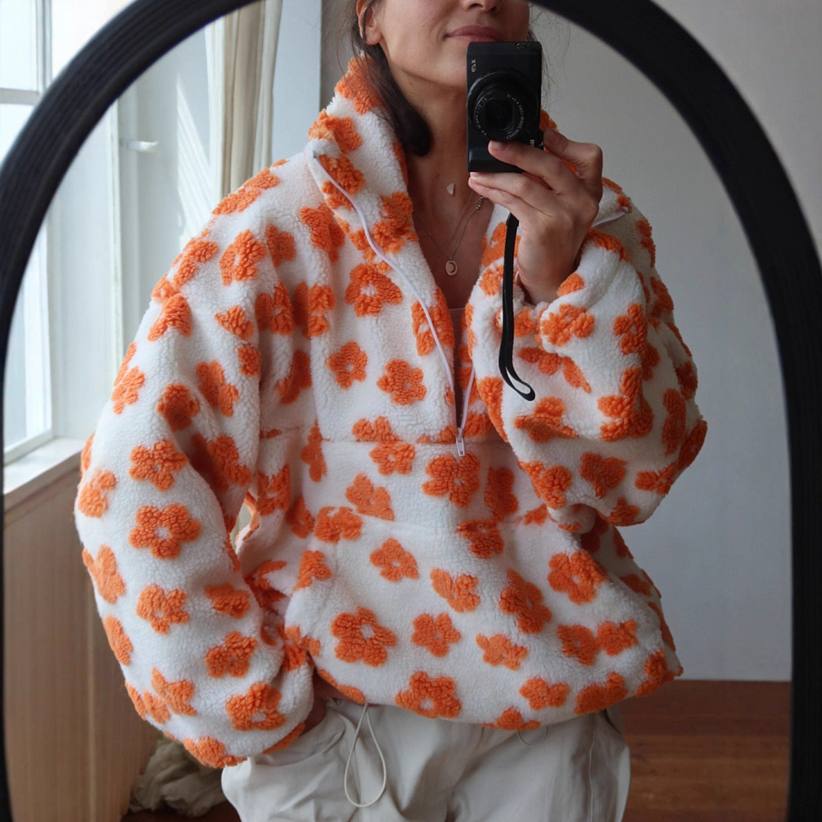 Women's Floral Fleece Zip Lapel Pullover with Big Pocket (photo 7)