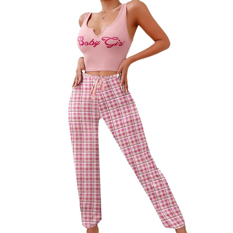 Women's Sleeveless Pajama Set with Plaid Pants (photo 9)