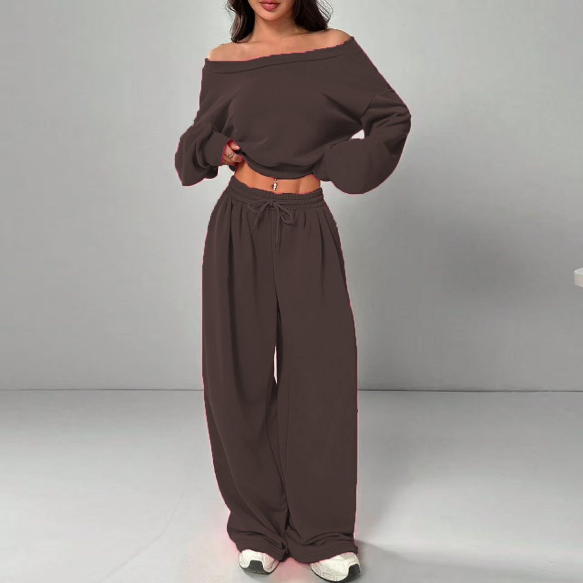 Women's One-Shoulder Sweatshirt and Tie-Waist Trousers Set (photo 17)