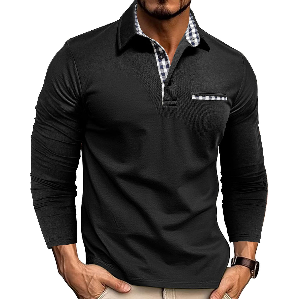 Men's Plaid-Panel Lapel Long-Sleeve Polo Shirt (photo 2)