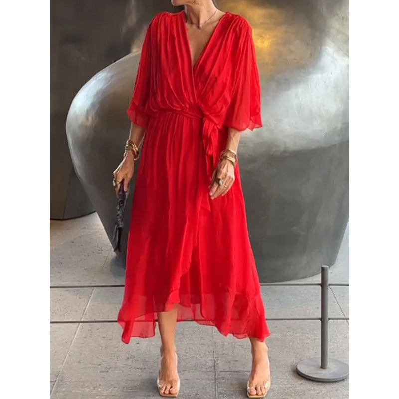 Women's Batwing-Sleeve V-Neck Tie-Waist Midi Dress (photo 6)