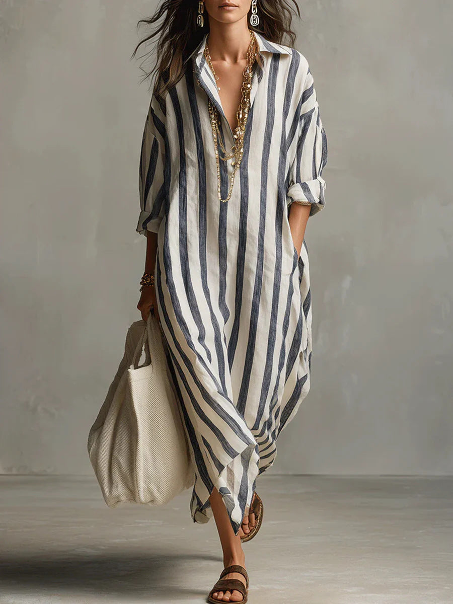Women's Striped Split-Collar Long Shirt Dress (photo 6)