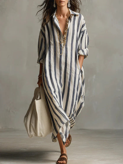 Women's Striped Split-Collar Long Shirt Dress (photo 6)